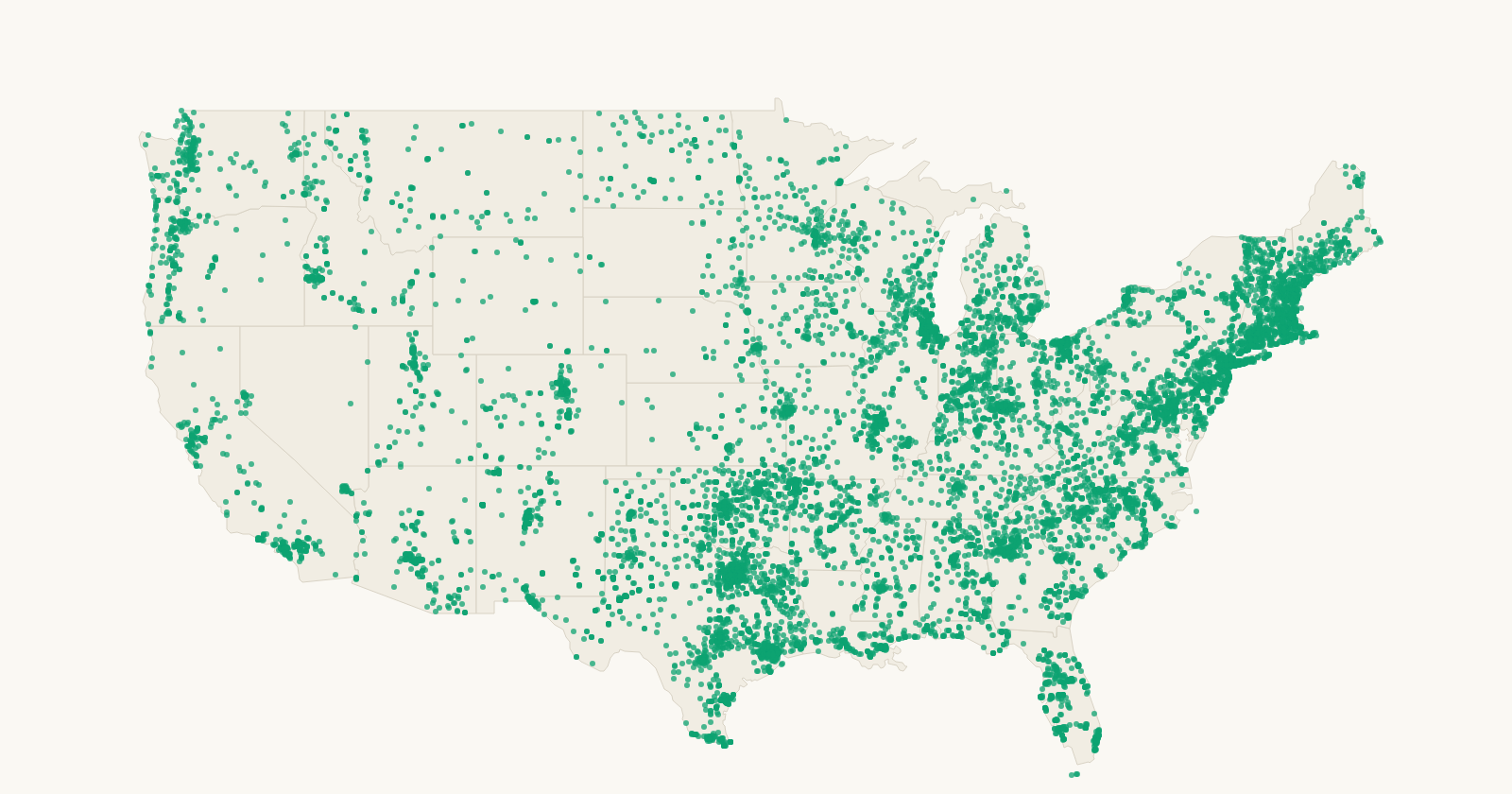 A map of the United States dotted with more than thirteen thousand places to serve, coast to coast