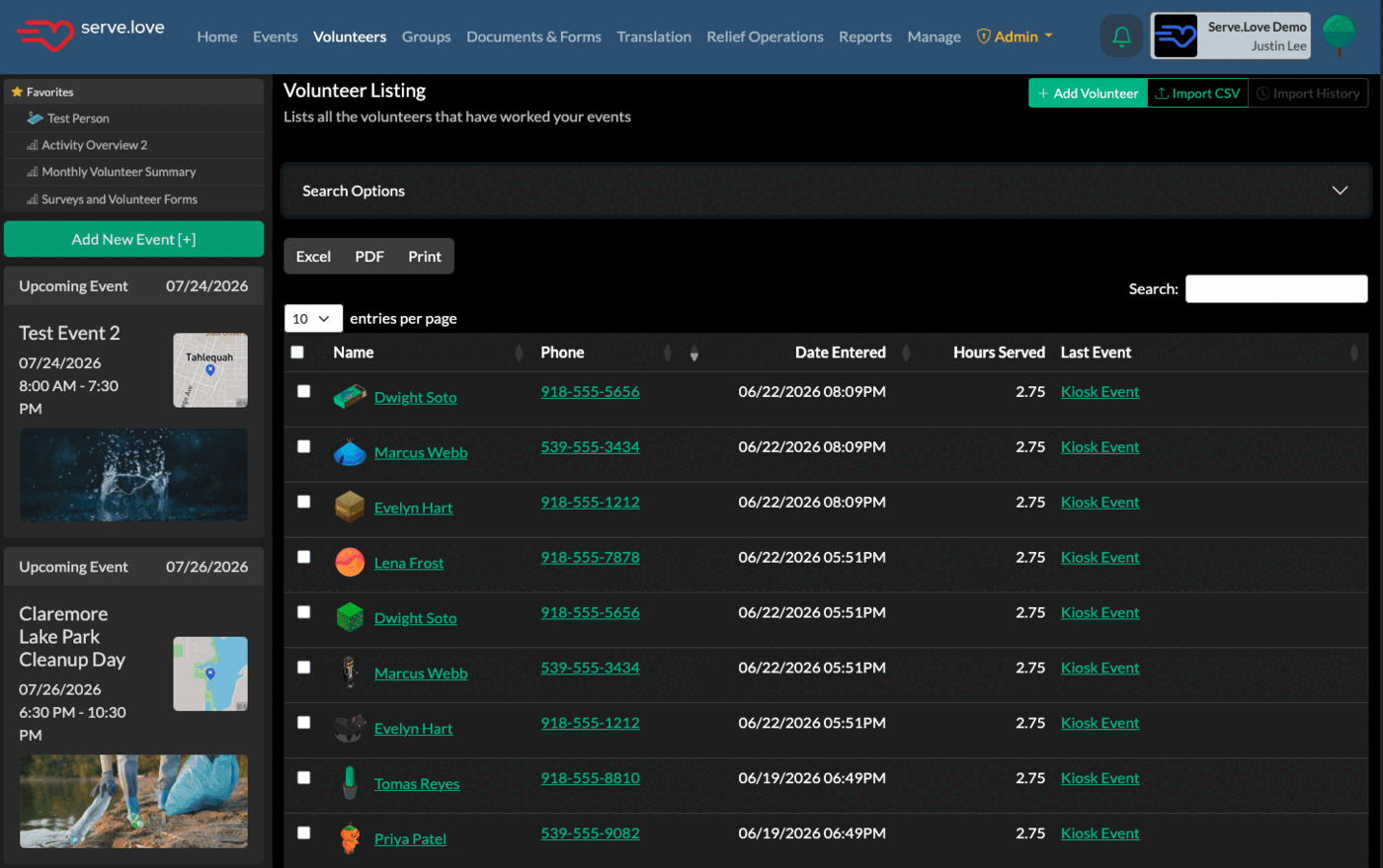 The Serve.Love volunteer listing dashboard — a table of volunteers with hours served and last event, plus one-click CSV import and Excel/PDF export