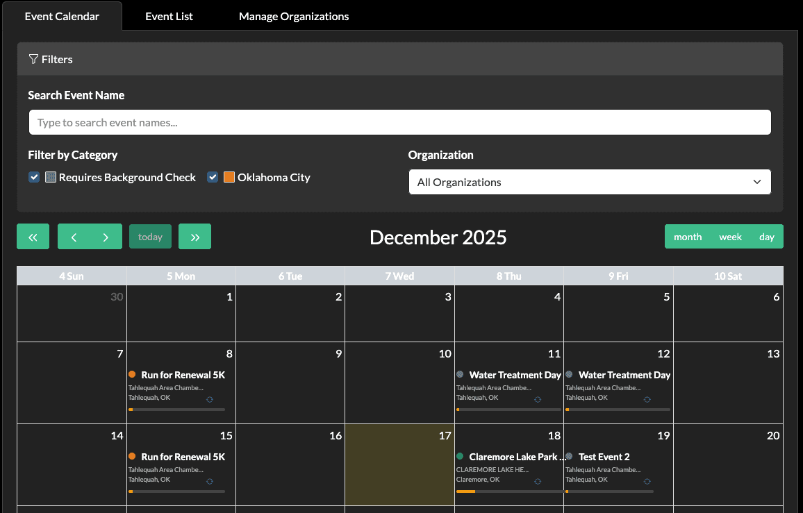 Event categories with color-coded tags and calendar view switching