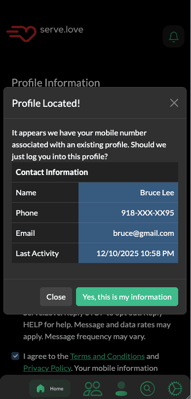 Streamlined volunteer signup interface showing phone verification and event selection