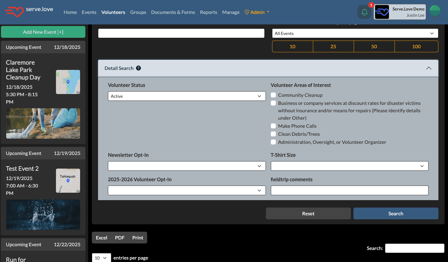 Volunteer database search with filters for custom tags, skills, and form responses