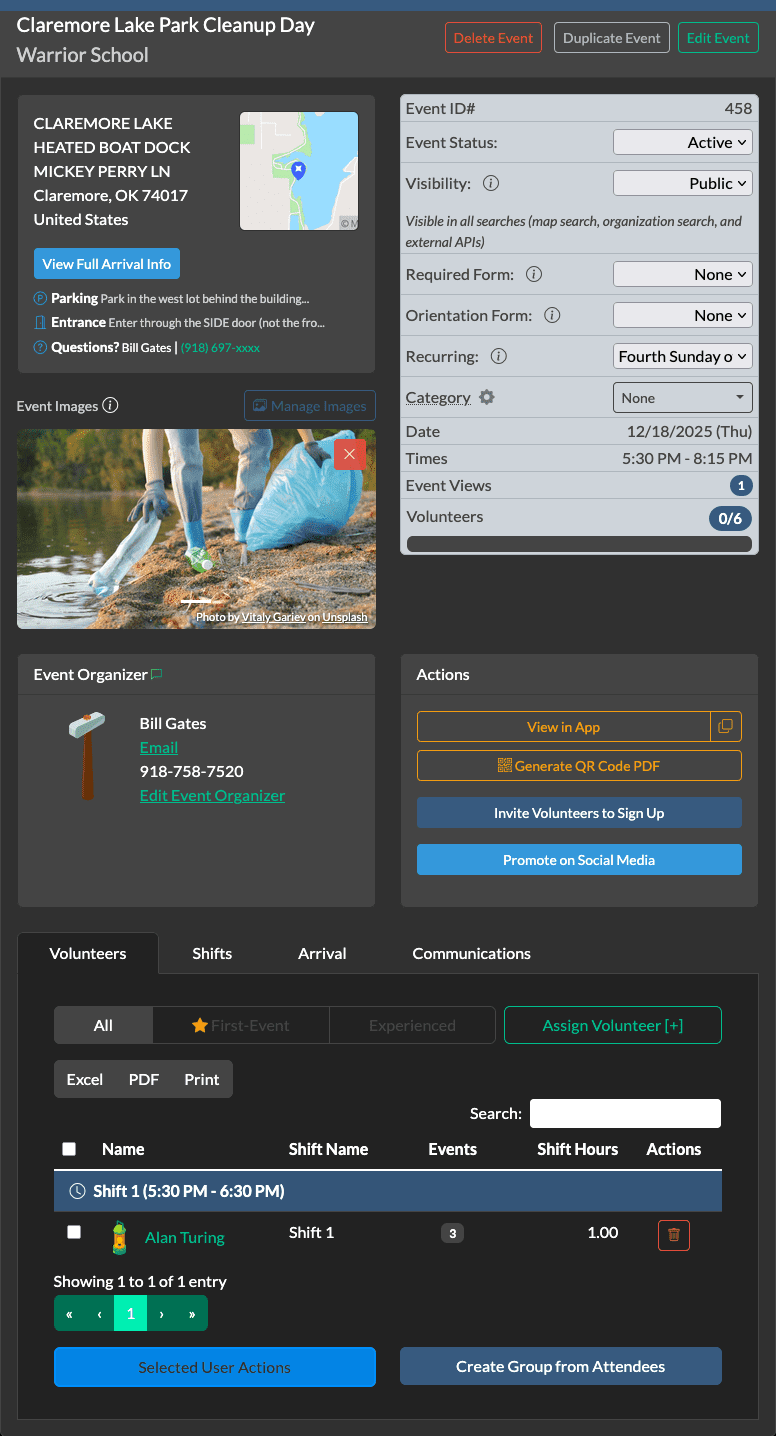 Volunteer event management dashboard showing event details, volunteer list, QR code check-in, and shift scheduling options