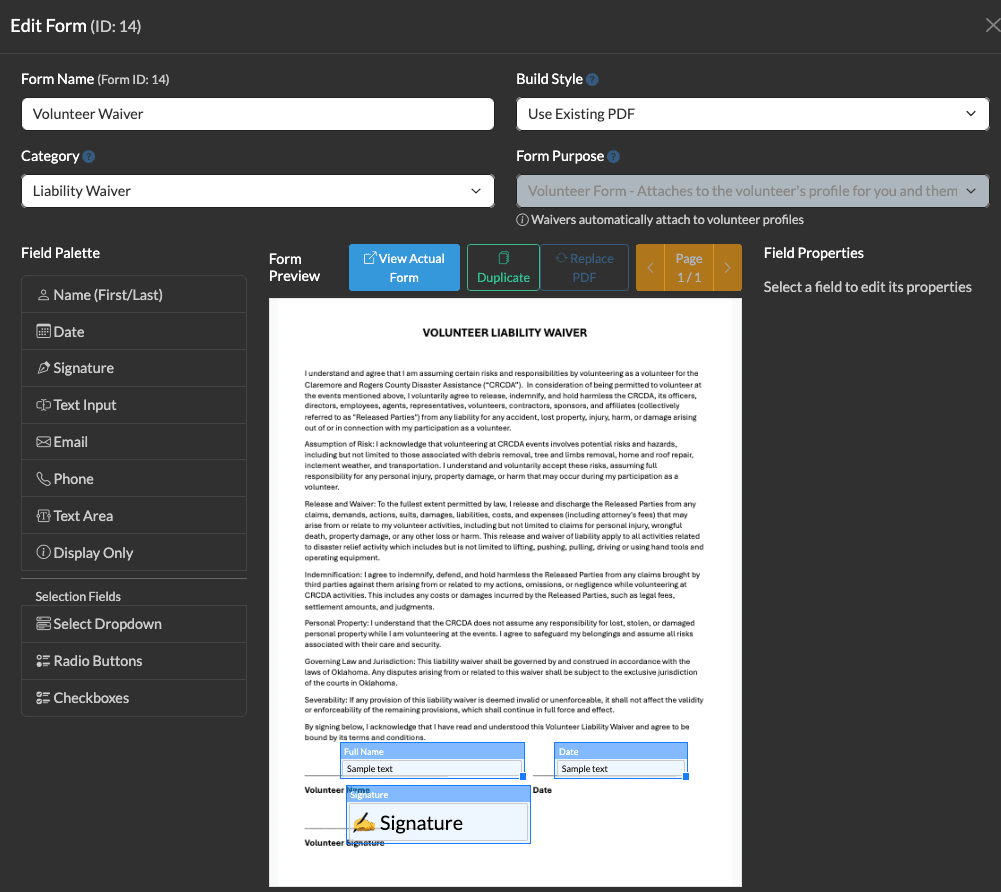 Form builder interface for creating liability waivers with digital signature fields