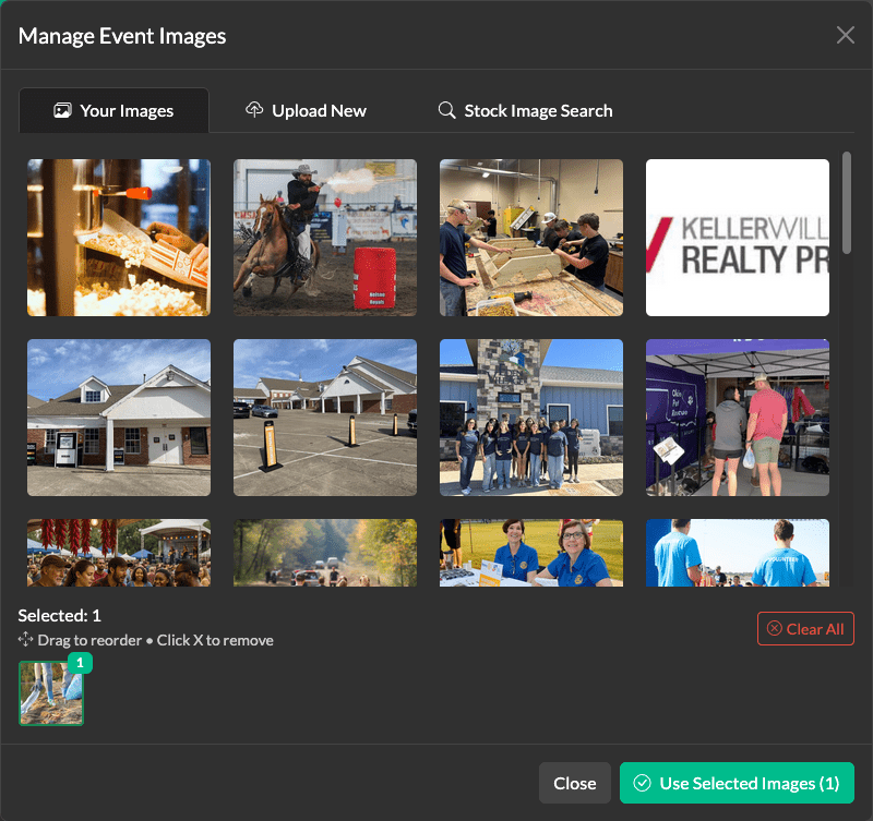 Image library interface showing uploaded photos and Unsplash stock image integration for volunteer events