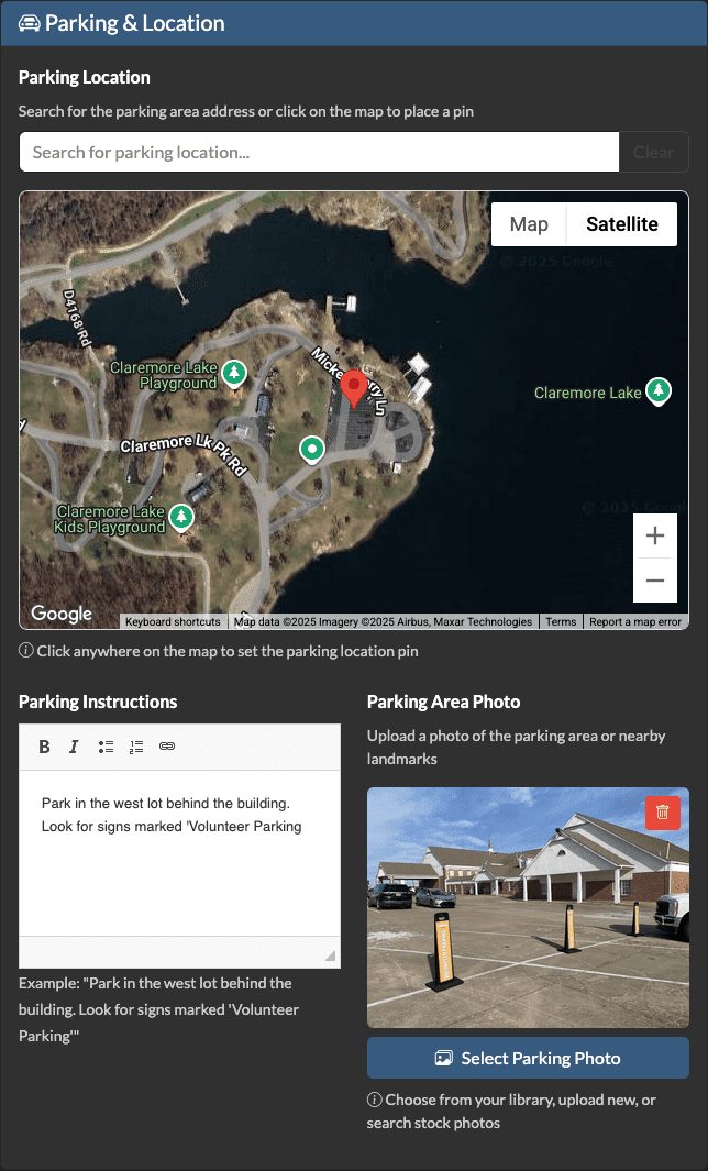 Geocoded parking location map with photo and entry point directions