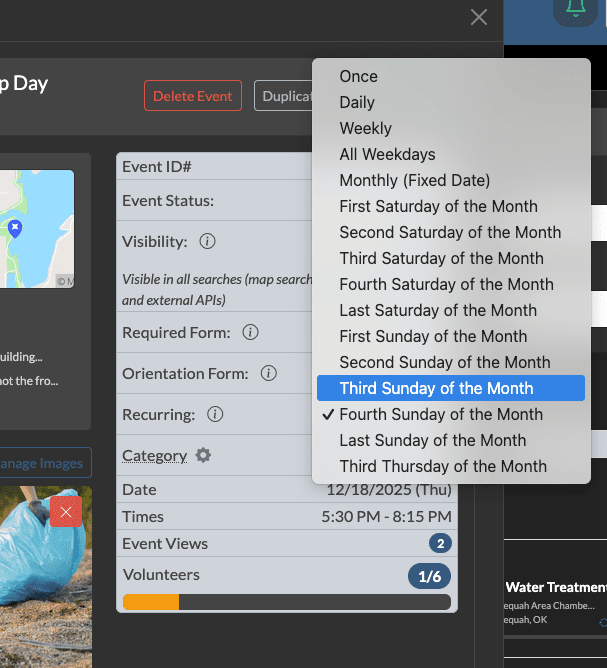 Recurring event series setup showing weekly schedule with bulk edit options